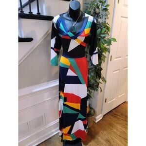 Locryz Maxi Dress Women's Size Medium Multicolored Casual V-Neck 3/4 Sleeves